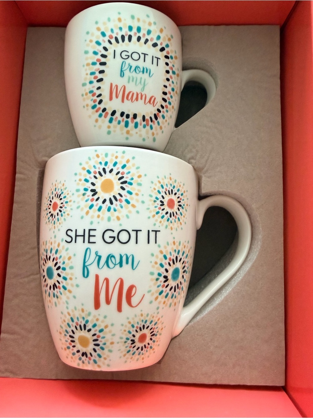 Source Unknown White Ceramic Mug Set with Teal and Coral Lettering